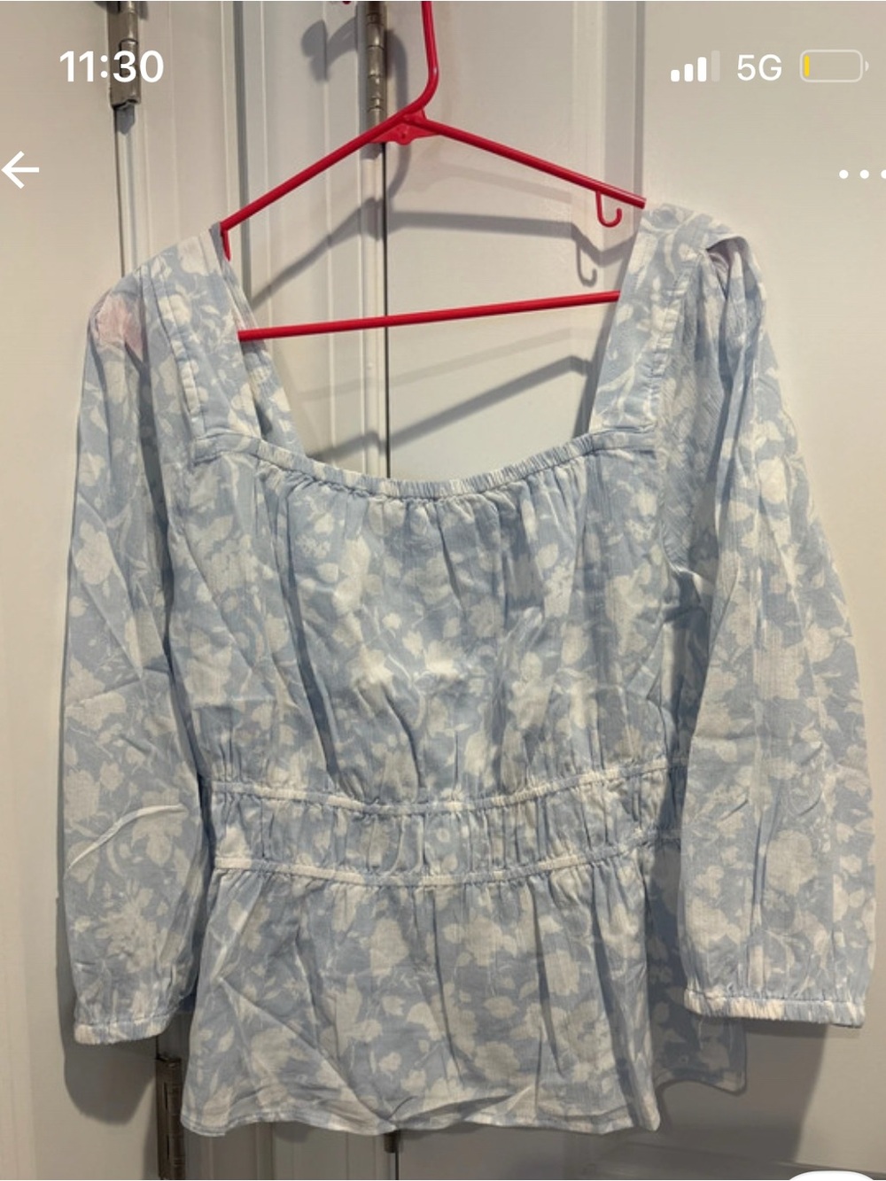Light Blue Floral Square-Neck Peasant Blouse